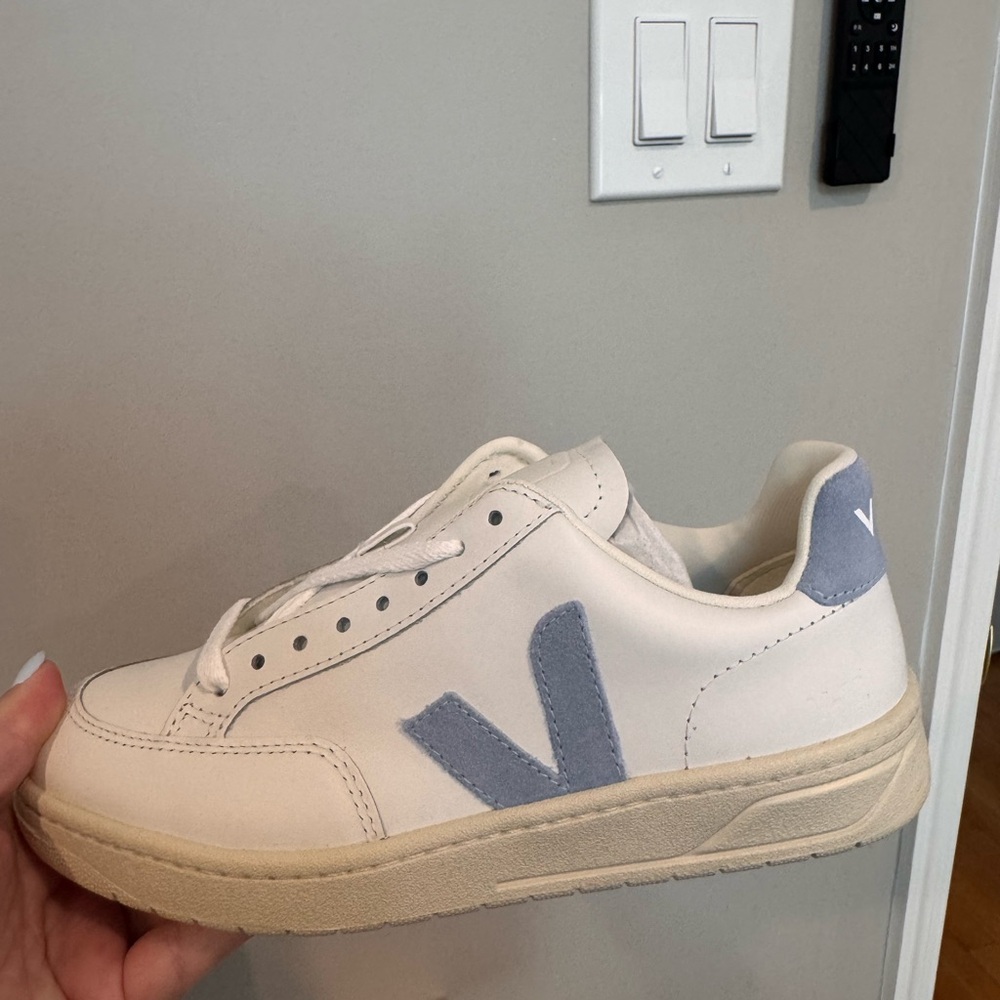 Veja V12 Leather Steel White and Blue Sneakers